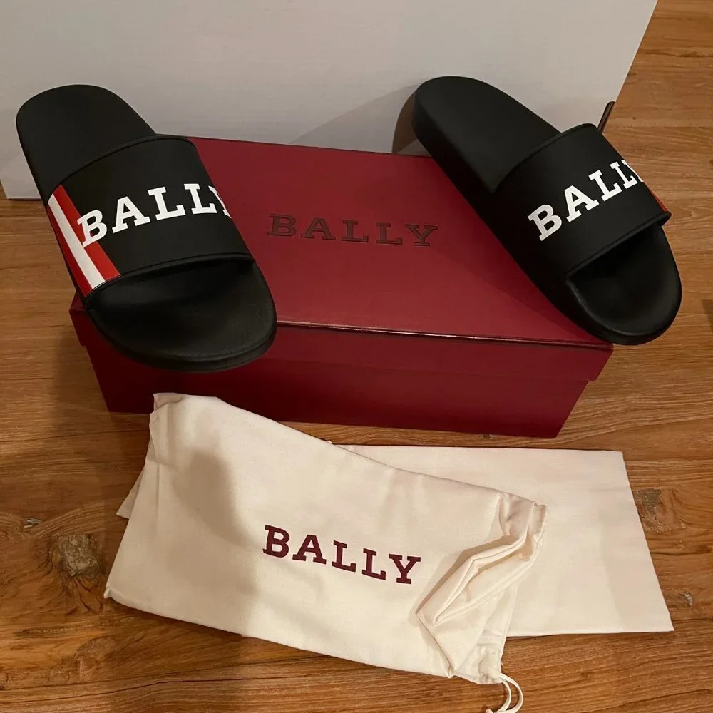 BALLY SIMON BLACK RUBBER LOGO SANDALS SLIDES SHOES - MADE IN‎ ITALY US 7